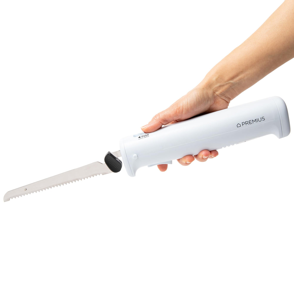 Professional Cordless Rechargeable Easy-Slice Electric Knife, Reciprocating Serrated Stainless-Steel Blades, Safety-Lock Trigger Release, Carving Meats, Turkey, Breads, Fruit, Crafting Foam, White PREMIUS