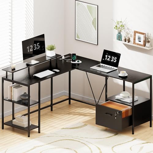 Huuger L Shaped Computer Desk with Power Outlets & LED Lights, Reversible Computer Desk with File Cabinet & Storage Shelves, Corner Desk Home Office Desk, Black - WoodArtSupply