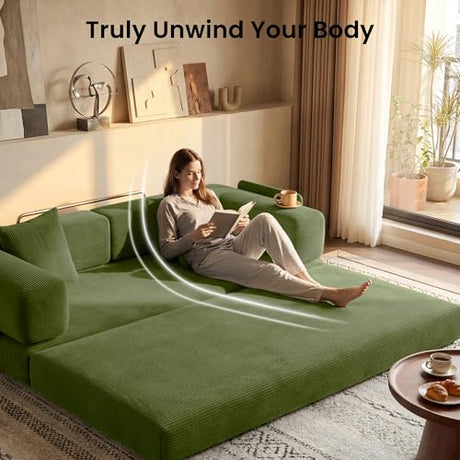 CUBENTE 78.8" Convertible Sofa Bed,Corduroy Futon Couch with Storage Pocket,Folding Pull Out Futon Sofa,No Assembly Boneless Couch for Living Room,Green CUBENTE