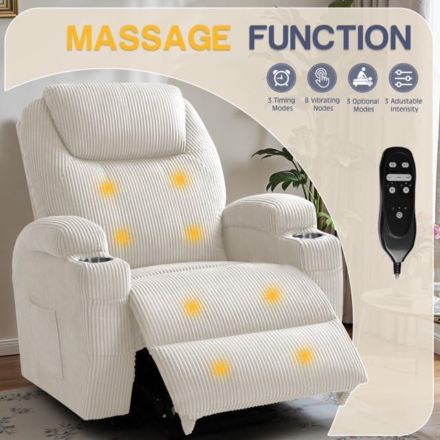 Electric Power Lift Recliner Chair with Massage for Elderly Corduroy Fabric Recliner Single Sofa with Cup Holders, Side Pockets and Remote Control for Living Room Bedroom (White) Furmax