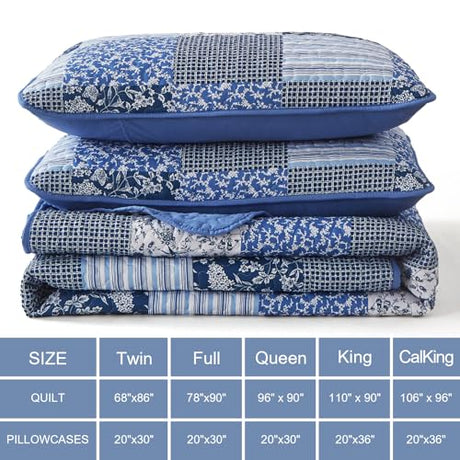 Mybedsoul Blue Boho Quilt Set Queen Size,3 Pieces Plaid Floral Bedspread Coverlet Set for All Season,Patchwork Reversible Bedding Set Queen 90"x96" Mybedsoul