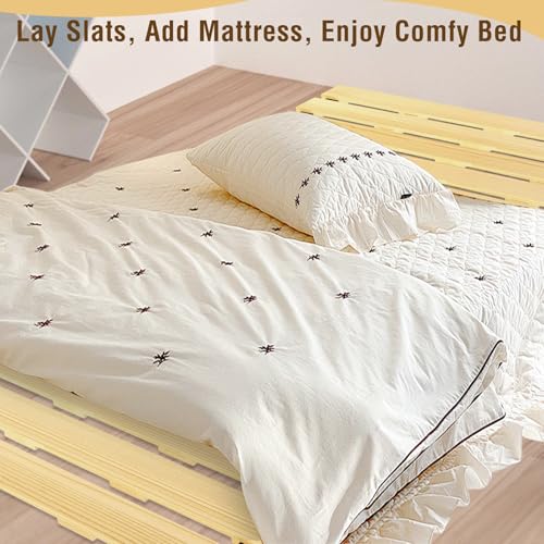 Japanese Tatami Mat Floor Bed, Knotless Solid Wood, Roll-Up Slatted Bed Plate with 2 Storage Straps, Moisture-Proof and Breathable for Floor Sleeping or Futon Mattress, Queen FHNI