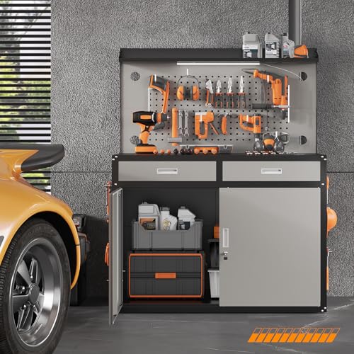 Rumetol 65" Heavy Duty Garage Workbench with Storage Drawers & Pegboard,2000lbs Capacity Metal Work Bench with Lockable Magnetic Cabinets,Adjustable LED Light for Workshop/Garage Rumetol