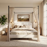 Merax King Size Canopy Bed with Upholstered Headboard, Modern Platform Bed Frame with Iron Legs, No Box Spring Needed