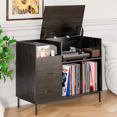 BIZOEIRON Record Player Stand with Flip-Top & Drawers, Vinyl Storage Cabinet with Outlet, Wood Media Console Table for Vinyl Records Storage, Assembly Required, Black