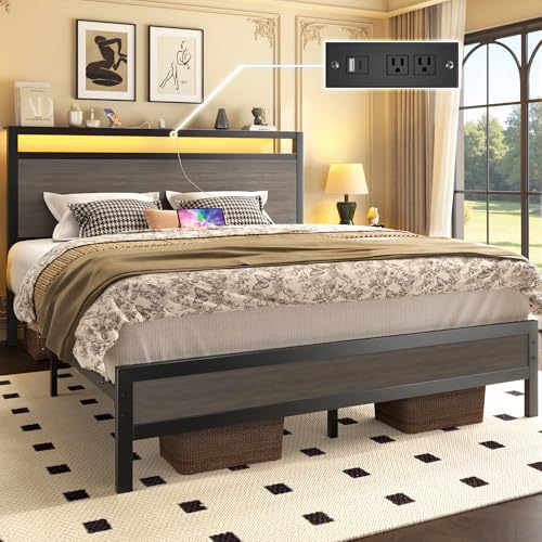 Fluest Queen Bed Frame with Headboard & Footboard, Bed Frame with Built-in Charging Station & LED Light, Storage Shelf, Noise-Free, No Box Spring Needed, Easy Assembly, Rustic Grey Fluest