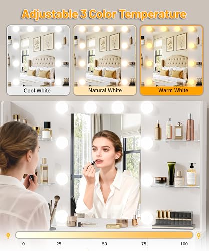 Akxomel Vanity Desk with Mirror and Lights, White Makeup Vanity Table with with Power Outlet, 13.8" D x 37.4" W x 55.1" H, Storage Drawers, Compact Modern Vanity Desk for Bedroom, for Girls, Women Akxomel