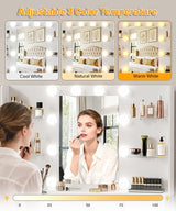 Akxomel Vanity Desk with Mirror and Lights, White Makeup Vanity Table with with Power Outlet, 13.8" D x 37.4" W x 55.1" H, Storage Drawers, Compact Modern Vanity Desk for Bedroom, for Girls, Women Akxomel