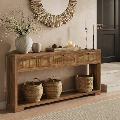 LITTLE TREE 70-Inch Console Table with 3 Drawers, Farmhouse Narrow Long Entryway Table for Behind Couch, Hallway, Sofa, Entry, Entrance, Living Room, Foyer with 2-Tier Open Shelves, Rustic Brown LITTLE TREE