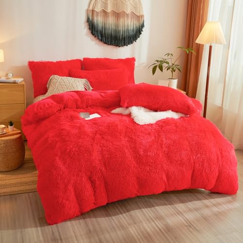Besfunny Faux Fur Fluffy Red Comforter Cover Queen Set – Plush Faux Fur Red Bedding 3-Piece Set (1 Duvet Cover + 2 Furry Pillow Shams) Cozy Bed Set Besfunny