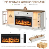 RNLRNL Fireplace TV Stand Up to 80" TVs, 70'' Modern Entertainment Center with 36" Electric Fireplace & LED Lights, Farmhouse Media Console with Storage Cabinet & Drawer for Living Room, Antique White RNLRNL