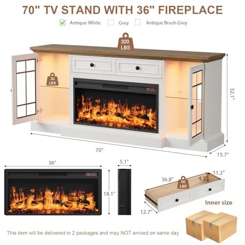 RNLRNL Fireplace TV Stand Up to 80" TVs, 70'' Modern Entertainment Center with 36" Electric Fireplace & LED Lights, Farmhouse Media Console with Storage Cabinet & Drawer for Living Room, Antique White RNLRNL