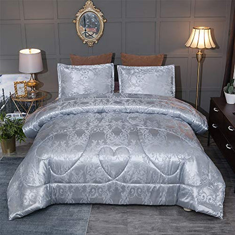 Raytrue-X Twin Comforter, Silver Silk Jacquard Bedding Comforter Sets, 3 Pieces Grey Lightweight Quilt, All Season Comforter for Twin Bed, Ultra Soft Microfiber, Matching 2 Pillow Shams, Twin/Twin XL Raytrue-X
