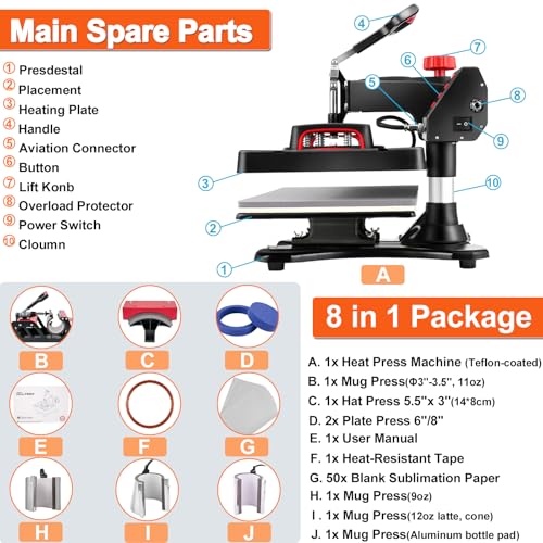 AKEYDIY 8 in 1 Heat Press Machine for T Shirts, 12x15 Swing Away Sublimation Heat Transfer Machine, GeniusPress Shirt Press Machine, Digital Tshirt Press Combo for Hat|Cap|Mug|Plate|Bag|Mouse Pads AKEYDIY