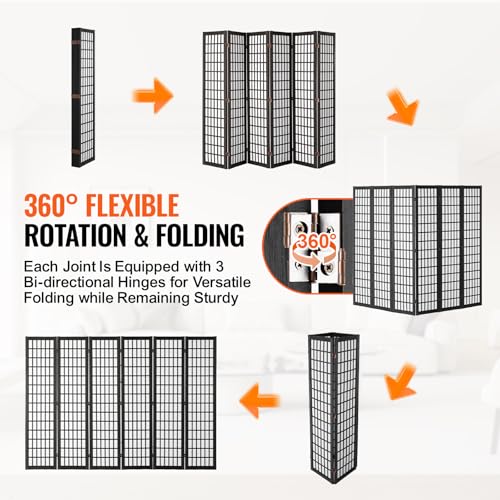 VEVOR Room Divider, 6 Panel Japanese Room Divider, Folding Privacy Screen Indoor, Portable Partition Dividers and Decoration Screens, for Room Separation, Home, Office, Restaurant & Bedroom (Black) VEVOR