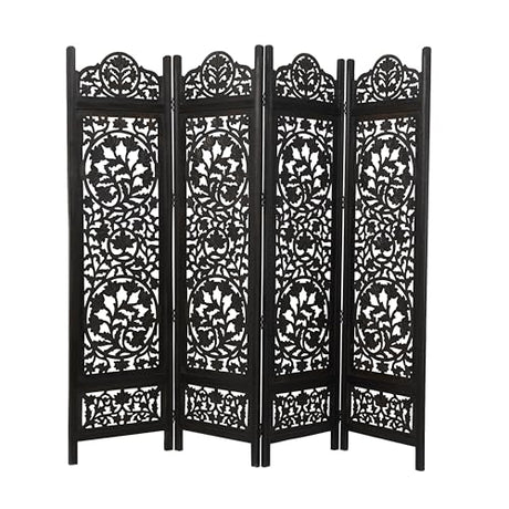 Deco 79 Wood Floral Handmade Partition Room Divider Screen Foldable Partition Carved 4 Panel Privacy Screen, Room Partition 80" x 1" x 72", Black Deco 79