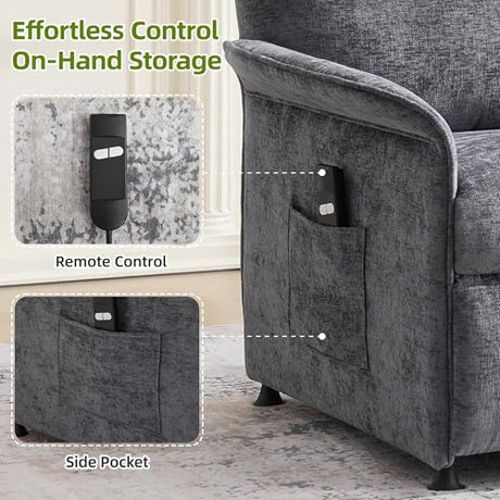 UMBFUN Power Recliner Chair with Remote Control, 21" Wide Seat Small Recliners with Side Pocket for Adults, Thick Cushions Chair for Living Room & Bedroom, Light Grey UMBFUN