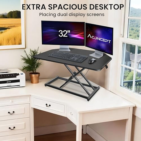 Aconcept 32 inch Black Corner Height Adjustable Standing Desk Converter, One-Click Sit to Stand up Desk Riser, Pre-Assembled for Dual Monitor and Laptop Workstation Aconcept