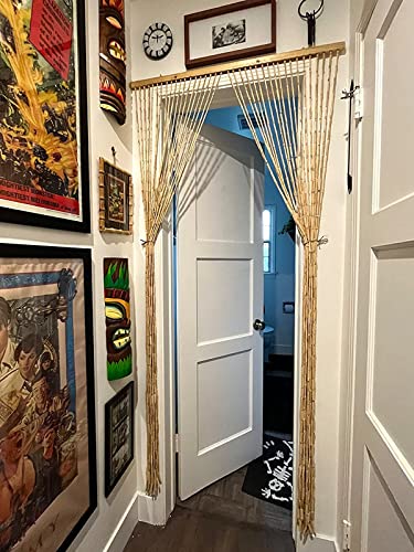 FlavorThings 36inch x 79inch Natural Wood and Bamboo Beaded Curtain Room Divider -Plain Design-Bamboo and Wooden Doorway Beads-Boho Bohemian Curtain 38 Strands (Nature) FlavorThings