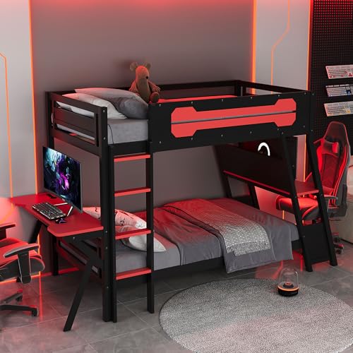 NCKMYB Bunk Bed with 2 Built-in Gaming Desks, Features USB Ports, Desktop Pegboards & Shelves, Space-Saving Loft Frame for Gaming Rooms & Small Spaces (Red+Bunk+Twin) NCKMYB