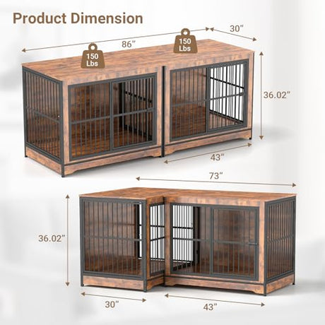 Rovibek 86 Inch Double Dog Crate Furniture, Dog Cage Furniture with Removable Divider & Trays, Large Wooden Dog Crates for 2 Dogs Indoor with Three Doors, Rustic Brown Rovibek
