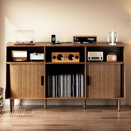Record Player Stand with Vinyl Storage, Mid Century Modern Vinyl Storage Cabinet with Power Outlet and Sliding Doors, Turntable Stand Table Holds Up to 350 Albums for Living Room (walnut, 55.1"W) tauxkoi