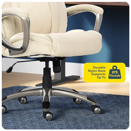 Serta Garret Executive Office Chair, Ergonomic Mid-Back with Lumbar Support, Semi-Plush Cushion and Body Pillows, Padded Armrests, Swivel Base, Bonded Leather, Ivory White Serta