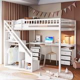 Merax Full Size Wood Loft Bed with Stairs, Built-in Desk, 2 Storage Drawers & Lights, Space Saving Bed for Teens, Adults, Study Loft Bed with Underbed Storage, White Merax