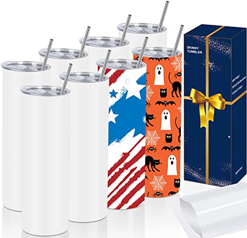 Tswofia 8 Pack Straight Sublimation Tumblers Set 20 Oz Skinny, Stainless Steel Skinny Sublimation Tumbler Blank With Shrink Wrap Film Lid Straw Set,Individually Boxed, Not Tapered