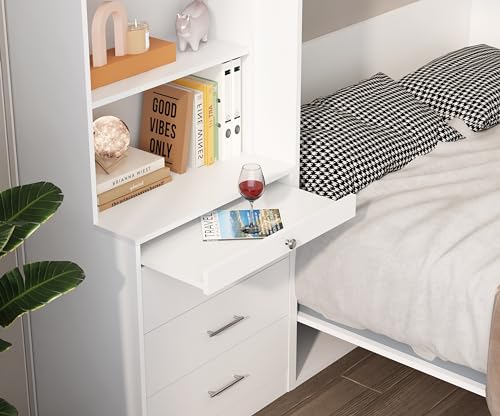 Harper & Bright Designs Full Size Murphy Bed, Morden Full Vertical Murphy Bed Frame with Shelf and Drawers, Wall Bed Hidden Bed Gas Struts, White Harper & Bright Designs