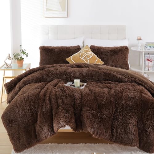 Smoofy Fluffy Queen Comforter Set, Faux Fur Comforter Set Queen Size, Luxury Fuzzy Bedding Set, Soft Shaggy Bed Set for All Season, 3 Pieces - 1 Comforter & 2 Pillowcases, Coffee Smoofy