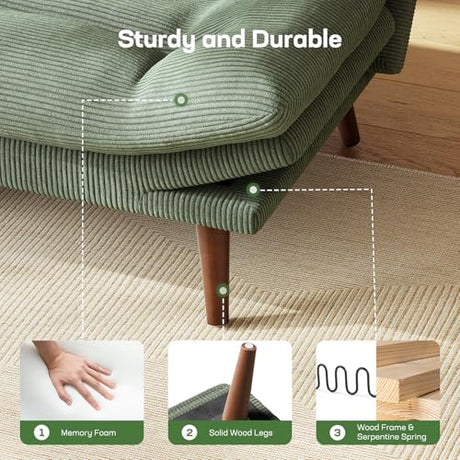 Marsail Futon Sofa Bed, 75” Futon Couch with Adjustable Backrest & Armrests, Convertible Small Sleeper Sofa Bed for Small Apartments, Study Room, Office, Corduroy Loveseat, Green Marsail