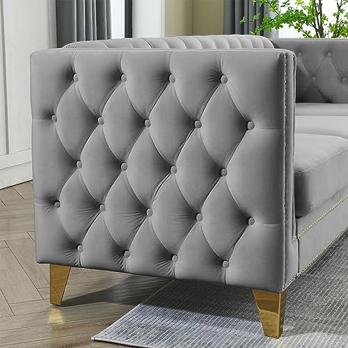 Velvet Living Room Sofa Set of 2, Comfy Loveseat and 3 Seater Couch, Modern Sofa with Tufted Back and Rivet Decoration, Upholstered Long Couch with Solid Golden Metal Tapered Legs, Grey KINFFICT