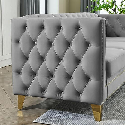 Velvet Living Room Sofa Set of 2, Comfy Loveseat and 3 Seater Couch, Modern Sofa with Tufted Back and Rivet Decoration, Upholstered Long Couch with Solid Golden Metal Tapered Legs, Grey - WoodArtSupply