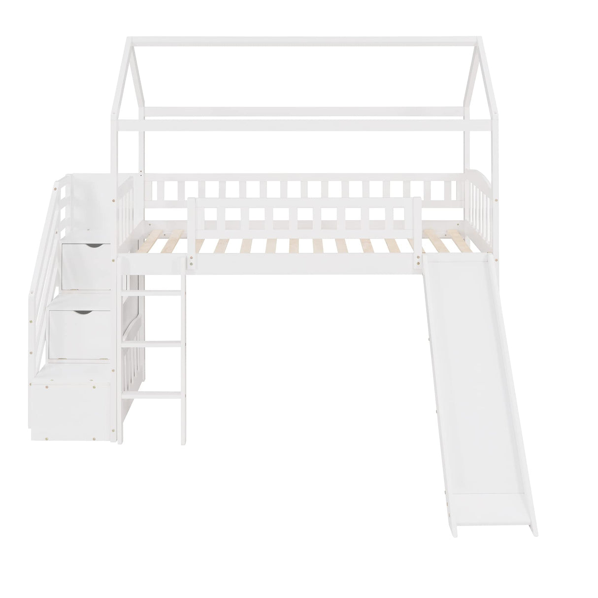 House Bed Loft with Slide and Storage Stairs by Harper & Bright Designs - Twin Frame in White for Kids Harper & Bright Designs