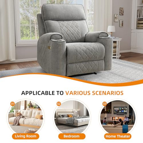 EBELLO Power Recliner Chair, Electric Fabric Reclining Sofa with Cup Holders, USB Type-C Charging Ports, for Small Living Room, Bedroom and Meeting Room, Grey EBELLO