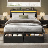 Forestell Queen Bed Frame with Wood Headboard, Black Platform Bed with 2 Storage Drawers & Shelf, Built-in Charging Station & LED Lights, Metal Support, No Box Spring Needed, Cama Queen Size Forestell