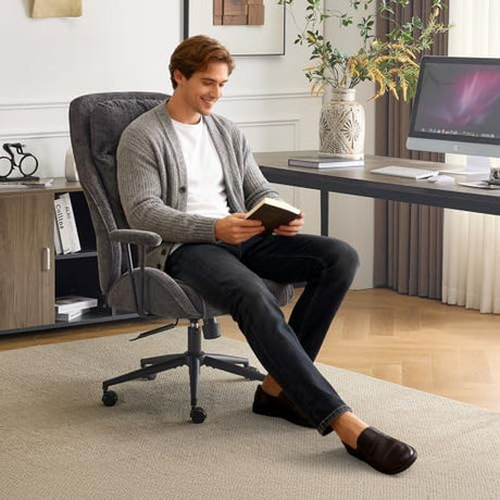 VINGLI Chenille Executive Ergonomic Fabric Office Chair with 100-130° Recline, High-Back Desk Chair with Adjustable Base & Padded Back & Wheels, Comfy Chair for Gaming, Computer, Home Office,Dark Gray VINGLI