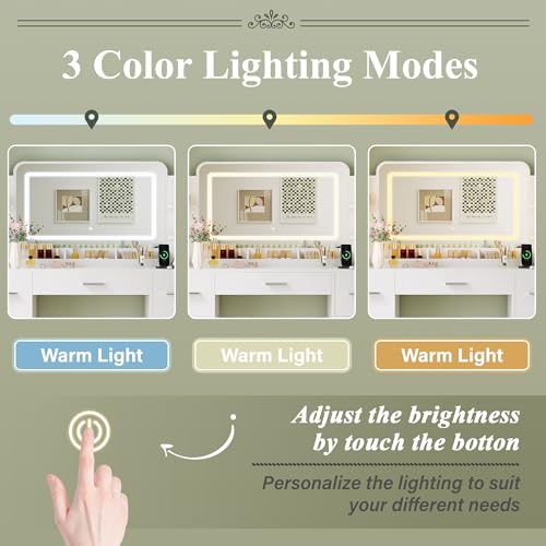 JUMMICO Makeup Vanity Desk with Large Mirror and LED Lights, Vanity with Power Strip and Hairdryer Holder, 6 Open Shelves and 7 Drawers Modern Dressing Table, for Bedroom (White) JUMMICO