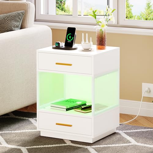 YITAHOME LED Nightstand with Charging Station, Night Stand with Acrylic Storage Shelf, Modern Bedside Tables with 2 Drawers for Bedroom, End Side Table with USB Ports, Set of 2, White - WoodArtSupply