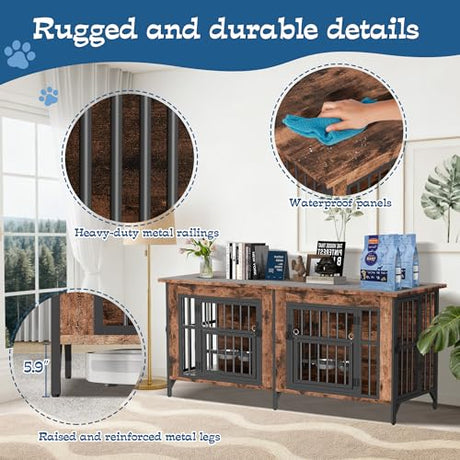Grepatio 63" Dog Crate Furniture for 2 Dogs, Large Dog Kennel with 360° Rotating Feeder Bowls, Indoor Double Dogs Crates with 4 Doors, Wooden Crate TV Stand with Removable Divider Grepatio