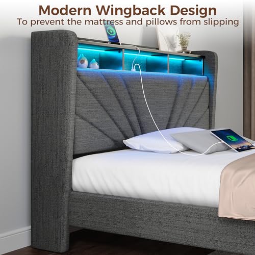 Rolanstar Twin Size Bed Frame, Storage Headboard with Charging Station and LED Lights, Upholstered Bed with Heavy Duty Wood Slats, No Box Spring Needed, Noise Free, Easy Assembly, Dark Grey Rolanstar