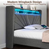 Rolanstar Twin Size Bed Frame, Storage Headboard with Charging Station and LED Lights, Upholstered Bed with Heavy Duty Wood Slats, No Box Spring Needed, Noise Free, Easy Assembly, Dark Grey Rolanstar