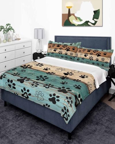 Top Sheet King Bedding Flat Sheet Only, Animal Dog Paw Print Farm Teal Wood Board Microfiber Bed Sheets Soft Breathable Bedding Flat Sheets, Country Wooden Grain Hotel Luxury Top Sheets Chees D Zone