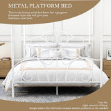 AUFANK Queen Size Four-Poster Metal Canopy Bed Frame with Headboard and Footboard Sturdy Slatted Structure No Box Spring Needed White