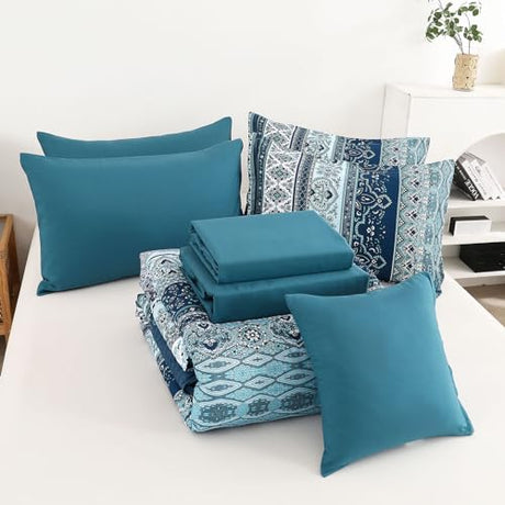 Cottolester Boho Blue Comforter Set Queen Size 8 Pieces,Teal Blue Comforter Bohemian Striped Bed in A Bag,Soft Microfiber Bedding Set for All Seasons Cottolester