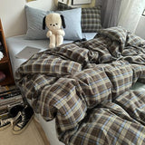 DONEUS Buffalo Plaid Duvet Cover Set 100% Washed Cotton Natural Linen Like Super Soft Comfy 3 Piece Brown Blue Gingham Checkered Bedding Set with Zipper Closure (Queen 90"x90", for All Seasons) DONEUS