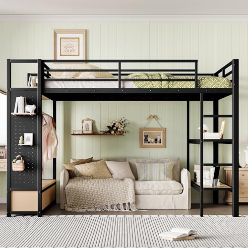 ICIUIOIR Queen Loft Bed Frame with Shelves, Drawers, Pegboard and Wardrobe, All-in-One Black Storage Loft Beds for Adults, MDF + Metal Bed Frame, Space-Saving Design for Bedroom/Queen ICIUIOIR