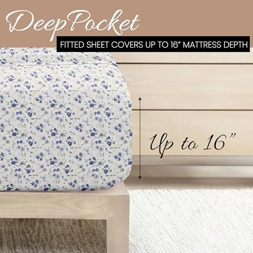 Linen Market 4 Piece King Sheet Set - Breathable, Double-Brushed Patterned Cooling Sheets – Oeko-TEX Certified Ultra Soft & Wrinkle-Free 16" Deep-Pocket King Sheets - Easy Care Blossoms Light Blue Linen Market