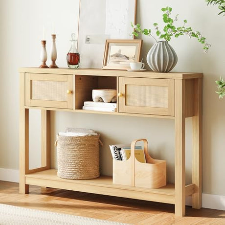 HOOBRO Console Table, 47" Rattan-Like Entryway Table with Storage, Narrow Sofa Table Behind Couch for Living Room Entry Foyer Hallway, Natural NL34XG01 HOOBRO
